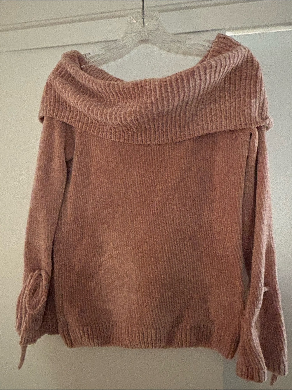 Lauren Conrad off the shoulder Chenille soft pink sweater